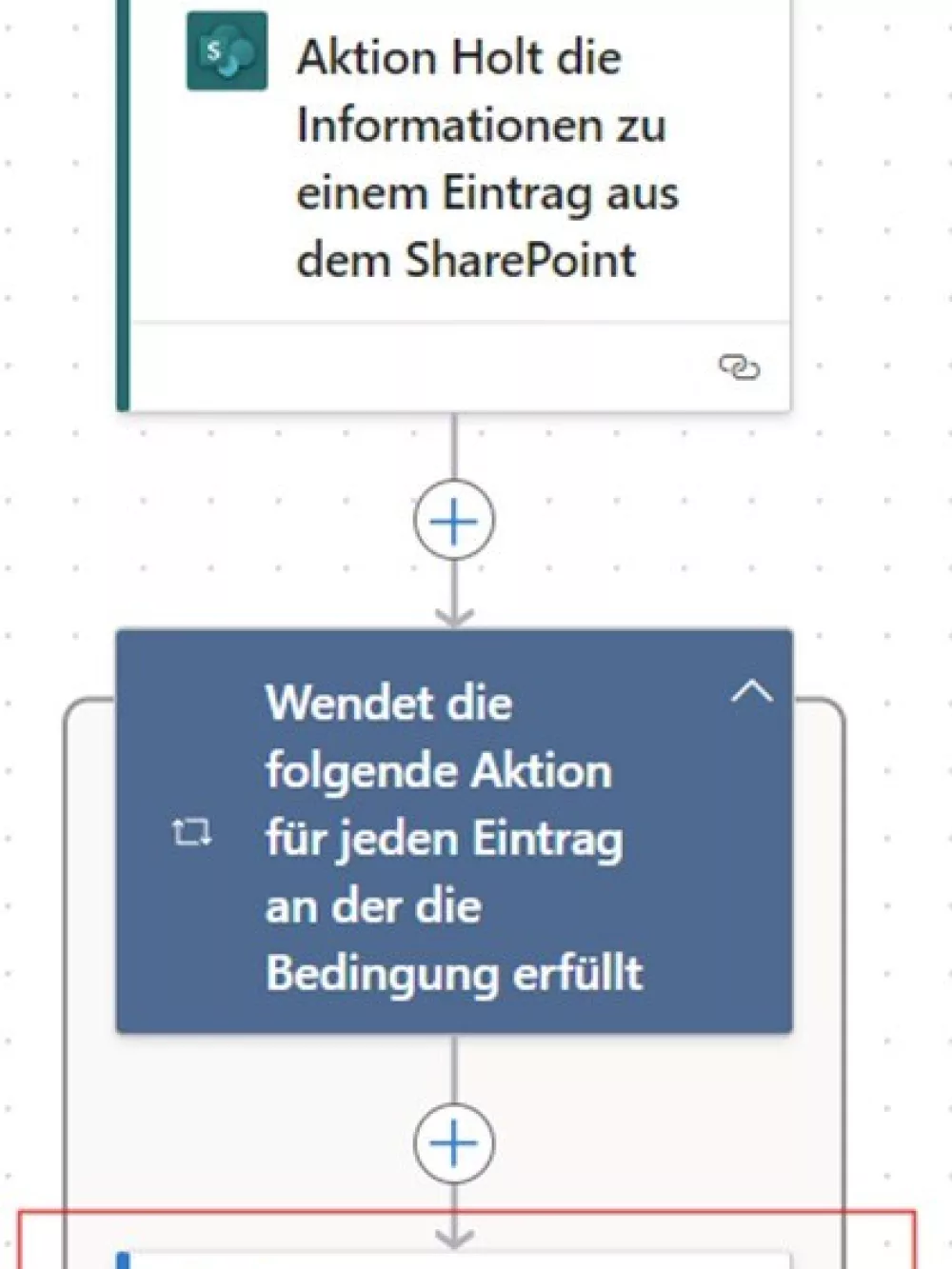 Workflow-Beschreibung:
Täglicher Start um Mitternacht: Der Workflow wird automatisch jeden Tag um 00:00 Uhr gestartet.
Abruf von Eintragsinformationen aus SharePoint: Der Workflow ruft die benötigten Informationen für jeden Eintrag aus einer SharePoint-Liste ab.
Bedingungsbasierte Aktion für jeden Eintrag: Für jeden abgerufenen Eintrag wird eine bedingungsbasierte Aktion ausgeführt, abhängig von den spezifischen Daten des Eintrags.
E-Mail senden: Nach der Ausführung der bedingungsbasierten Aktion wird eine E-Mail mit den relevanten Informationen an die entsprechenden Empfänger gesendet.