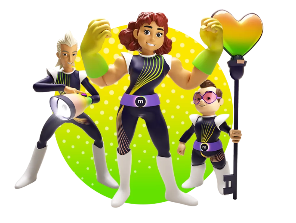 Die drei Superhelden Vic, Ayla und Eddy stehen gemeinsam vor einem grünen, runden Hintergrund