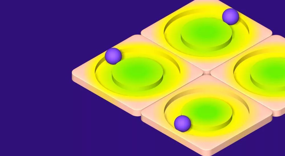 Lila Kugeln rollen in kreisförmige Vertiefungen auf gelb-grünen Platten, angeordnet auf einem dunkelvioletten Hintergrund.