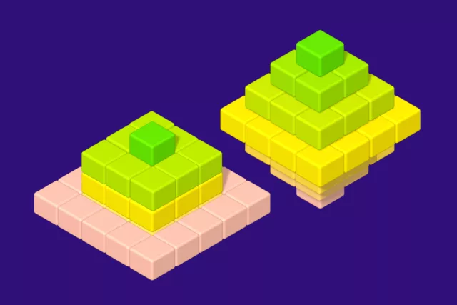 Zwei pyramidenförmige Strukturen, die aus bunten, würfelförmigen Bausteinen bestehen, stehen nebeneinander.