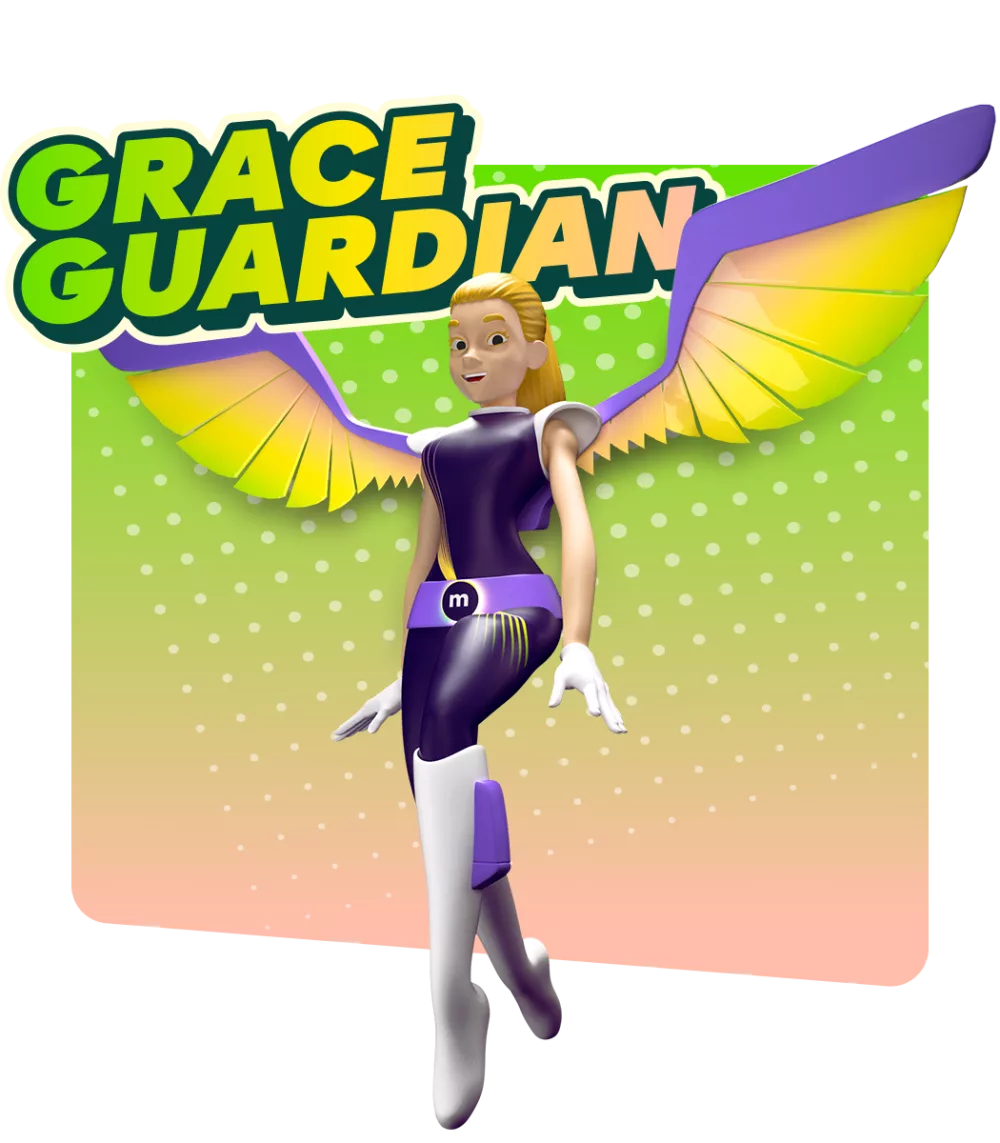 Animierte Figur einer weiblichen Superheldin namens Grace Guardian. Sie hat große Flügel und schwebt über dem Boden