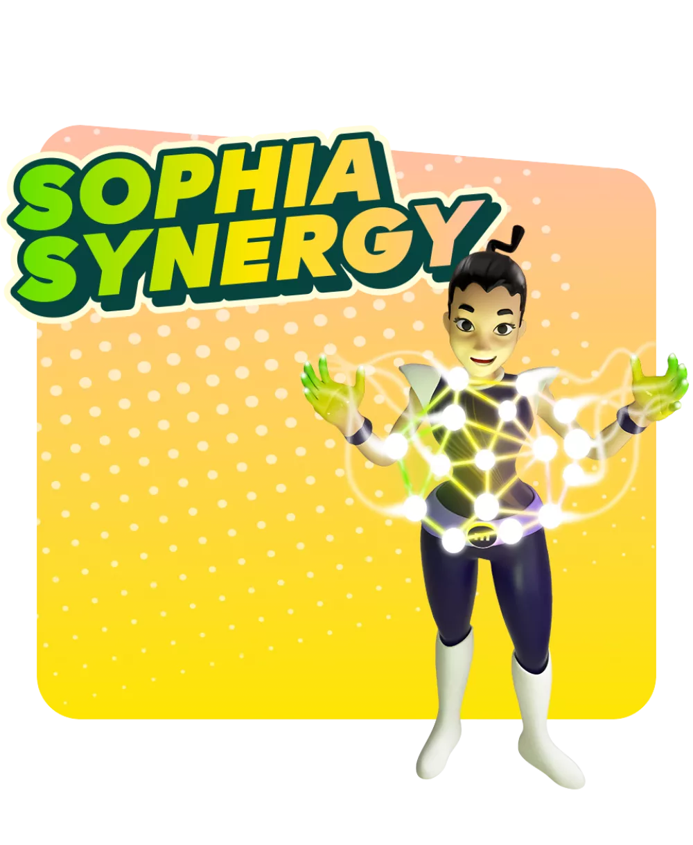 Animierte Figur einer weiblichen Superheldin namens Sophia Synergy. Sie hält ihre Hände vor sich und zwischen ihnen entsteht ein Netzwerk.