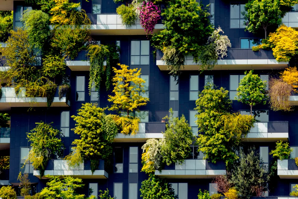 Auf dem Bild ist eine Hausfassade mit vielen Fenstern und Balkonen zu sehen, auf denen viele grüne Pflanzen und kleine Bäume stehen.