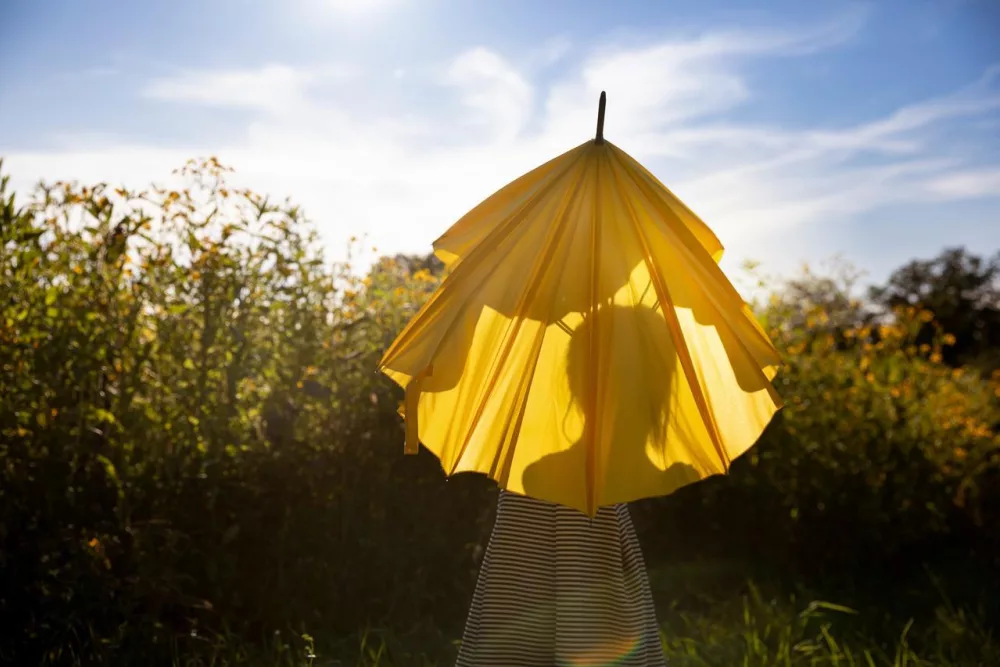 Eine Person hält einen halbgeöffneten, gelben Schirm über ihren Kopf. Sie ist von hinten zu sehen und ihr Schatten zeichnet sich am Schirm ab. Sie steht vor einem Feld, der Himmel ist blau.