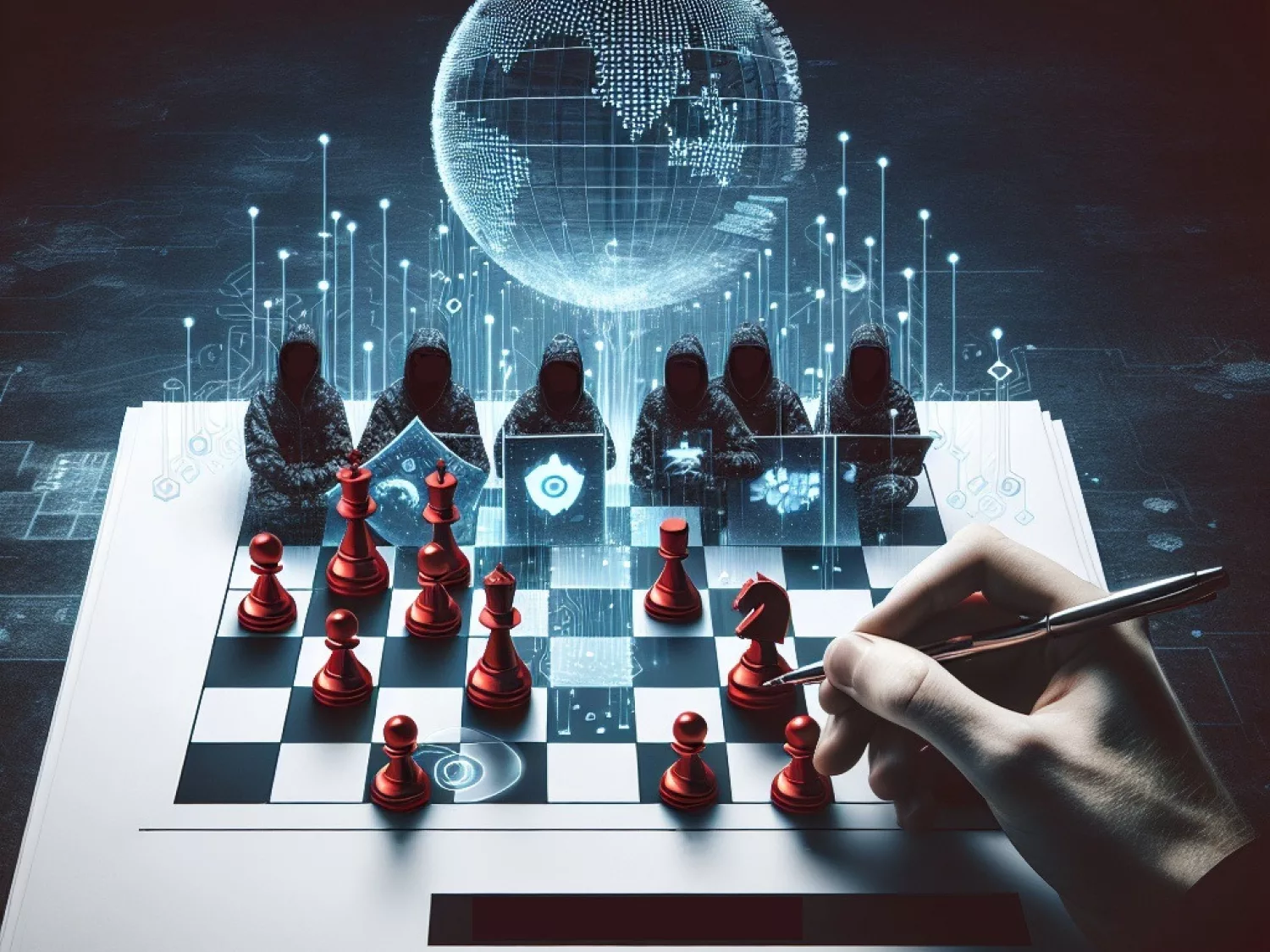 Ein futuristisches Bild zeigt eine Hand, die eine Schachfigur auf einem Schachbrett bewegt. Die Schachfiguren sind rot und das Schachbrett scheint auf einem digitalen Interface zu liegen. Im Hintergrund sitzen mehrere Personen in Kapuzenpullovern vor Laptops, die in einer Reihe angeordnet sind. Über ihnen schwebt eine holografische Darstellung der Erde, umgeben von leuchtenden Datenpunkten und Linien, die eine digitale Vernetzung symbolisieren. Das Bild vermittelt eine Atmosphäre von strategischem Denken und digitaler Vernetzung.