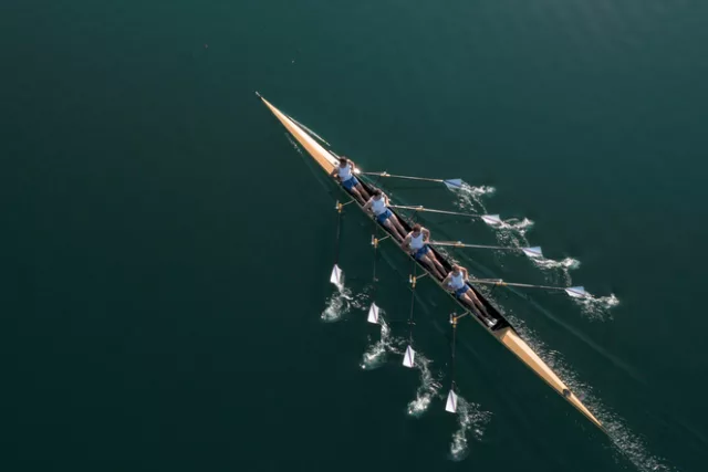 Das Bild zeigt aus der Vogelperspektive vier Personen in einem Ruderboot, die synchron über ruhiges Gewässer gleiten.