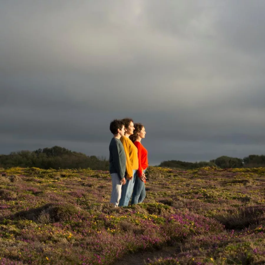 Auf dem Foto sind drei Personen zu sehen, die nebeneinander auf einer Blumenwiese stehen. Durch den bewölkten Himmel scheint die Sonne auf die Personen herab.