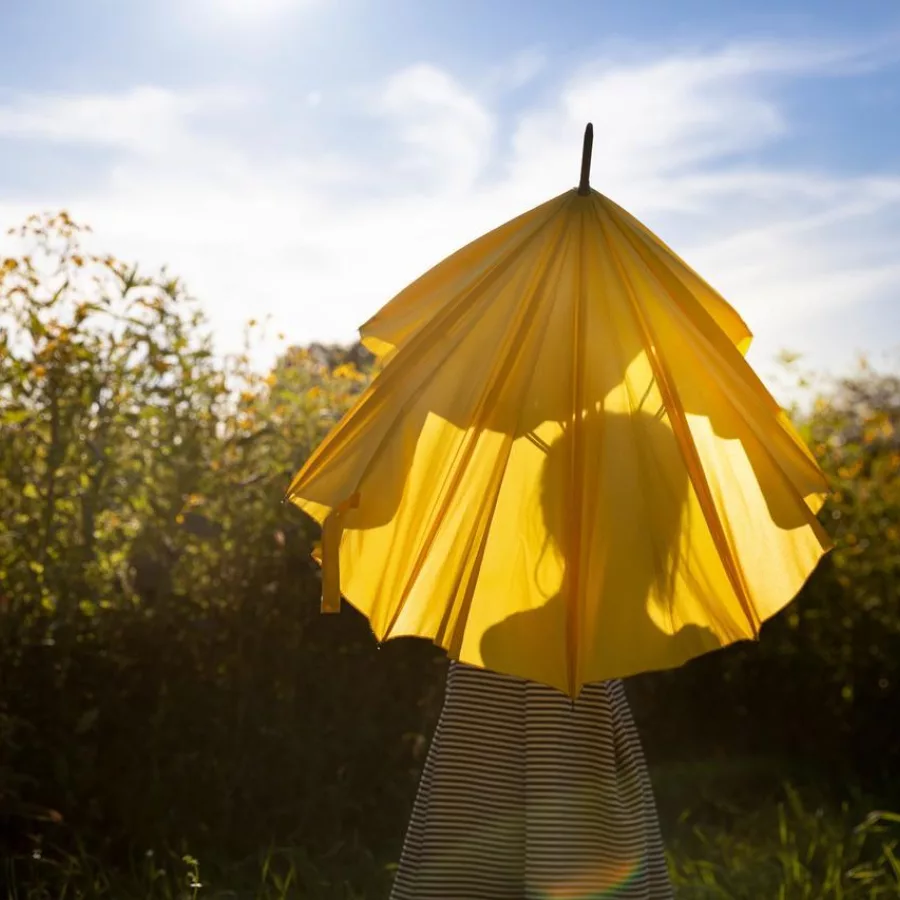 Eine Person hält einen halbgeöffneten, gelben Schirm über ihren Kopf. Sie ist von hinten zu sehen und ihr Schatten zeichnet sich am Schirm ab. Sie steht vor einem Feld, der Himmel ist blau.