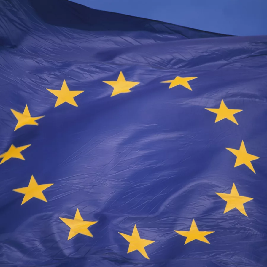 Eine blaue Fahne mit zwölf goldenen Sternen ist zu sehen und weht im Wind. Die Sterne sind im Kreis angeordnet und stehen für Einheit und Solidarität. Es handelt sich um die Flagge der Europäischen Union.