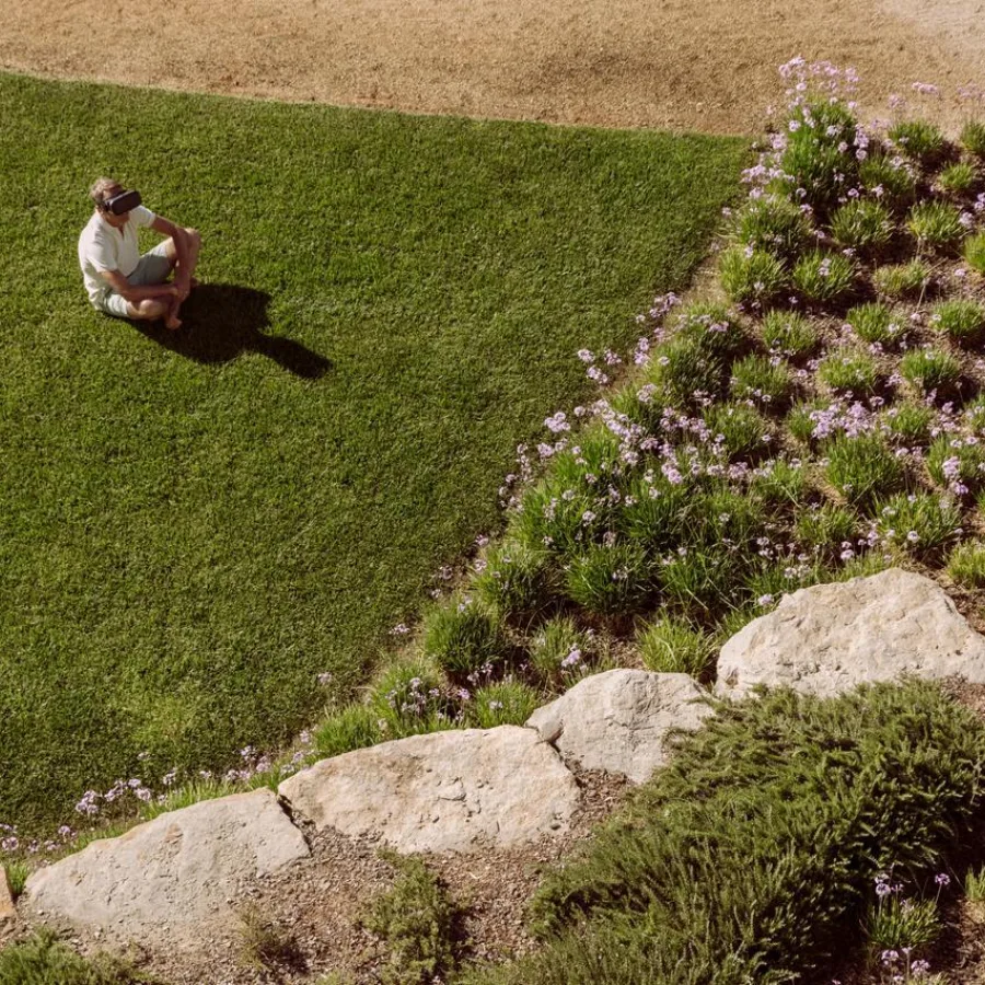 Das Bild zeigt eine Person, die auf einer grünen Wiese sitzt. Die Person trägt ein weißes Oberteil und einen Hut. Die Wiese ist gut gepflegt und grenzt an ein Blumenbeet mit lila Blüten und grünen Pflanzen. Einige große Steine trennen die Wiese von dem Blumenbeet. Im Hintergrund ist ein Bereich mit trockenem, braunem Gras zu sehen. Die Szene wirkt ruhig und friedlich, als ob die Person einen Moment der Entspannung in der Natur genießt.